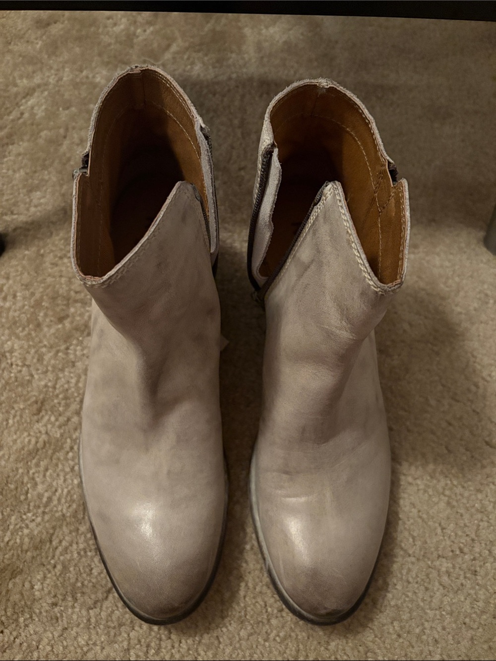 Roan by Bed Stu. Bone white with gray distressing. Short ankle boots.